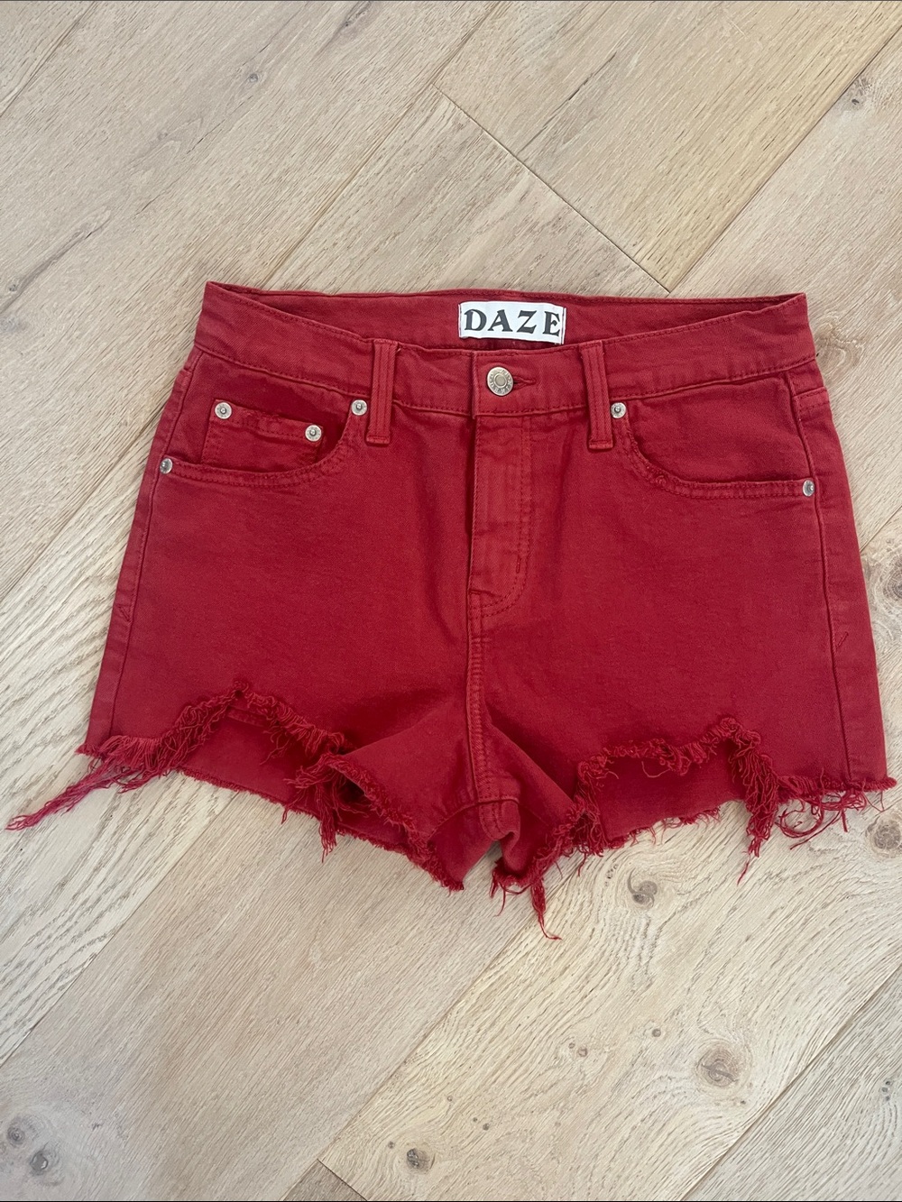 DAZE Red High-Rise Frayed Denim Shorts